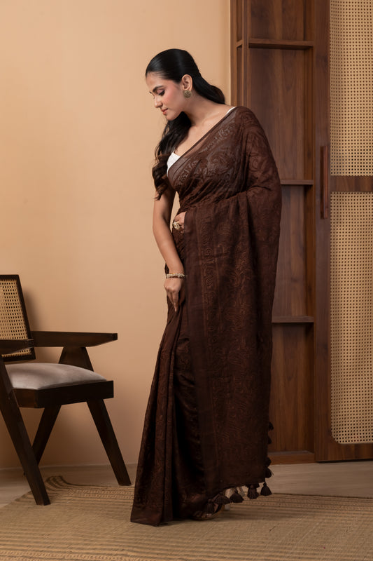 Rich Chocolate Brown Mul Cotton Saree with Tonal Chikankari Work