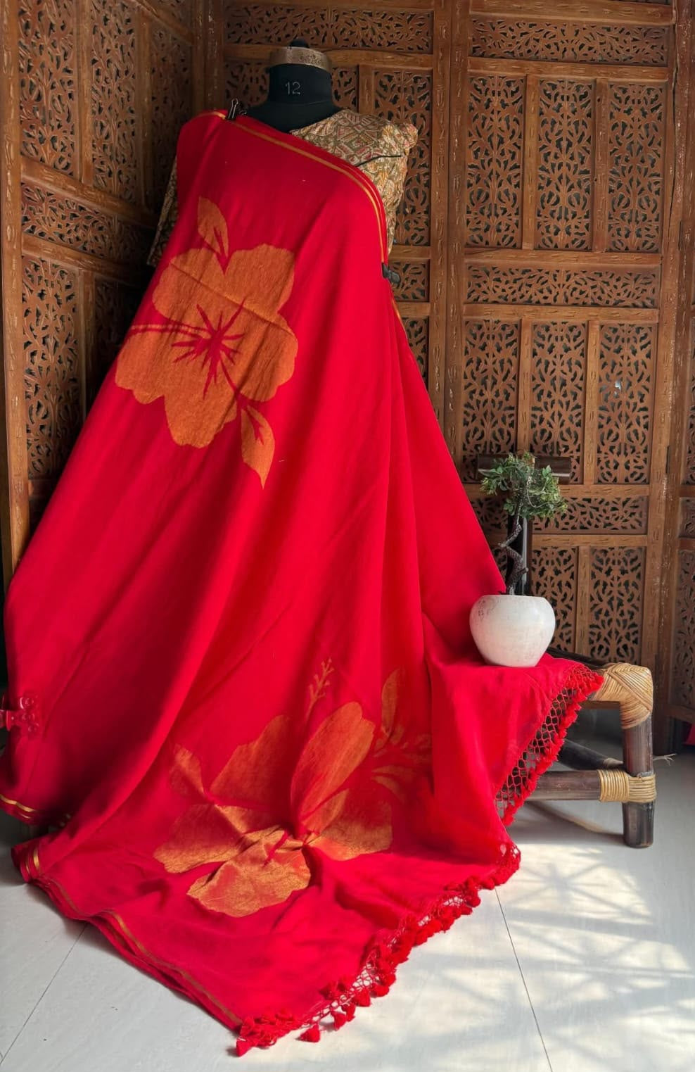 Golden flower tomato red mulmul cotton saree