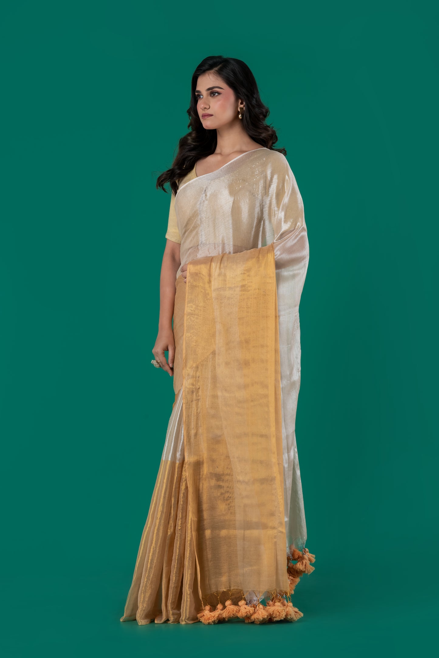 Half n half gold silver Tissue cotton saree