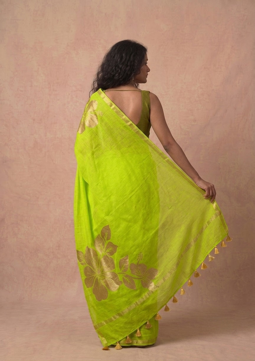 Golden flower parrot green mulmul cotton saree