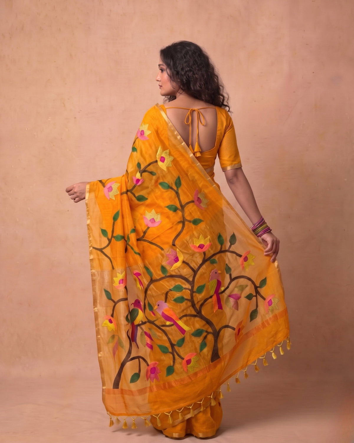 Pure Resham Handwoven needle jamdani Saree in deep mustard