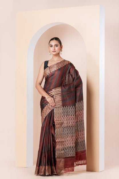 Zari Tussar silk saree- printed, brushing dyed