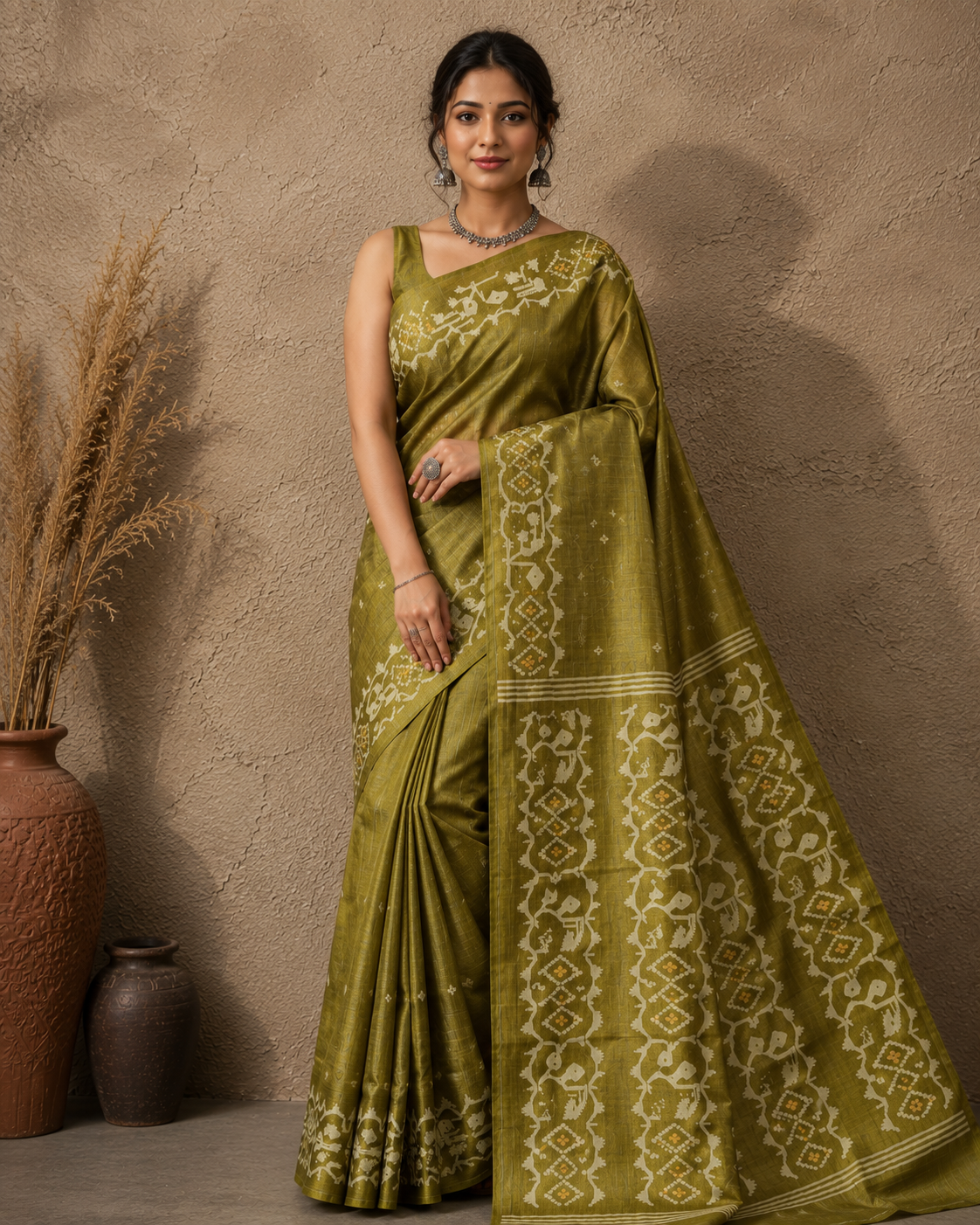 Mehendi green tussar Jamdani saree