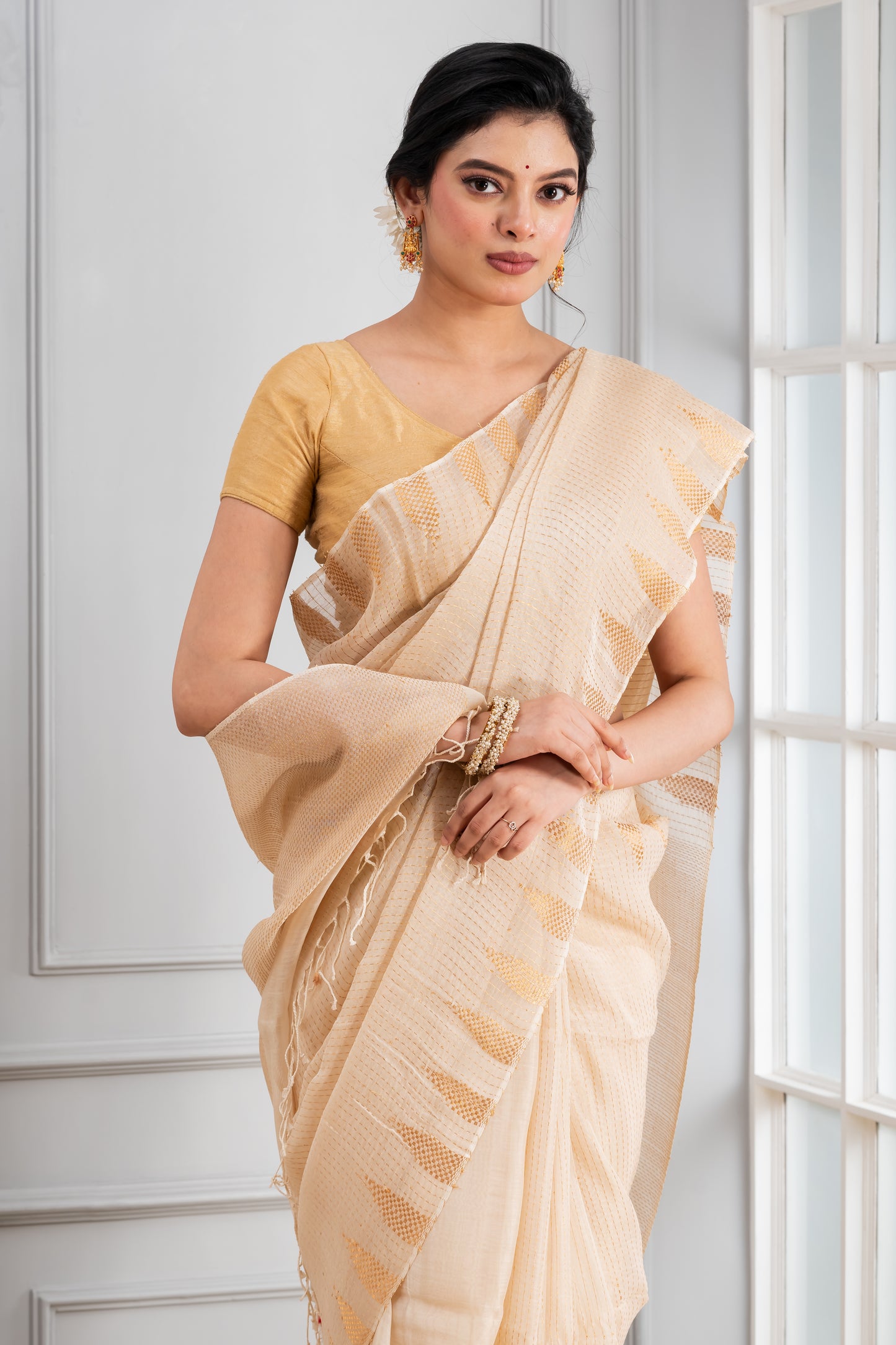 Beige temple Silk Linen Saree