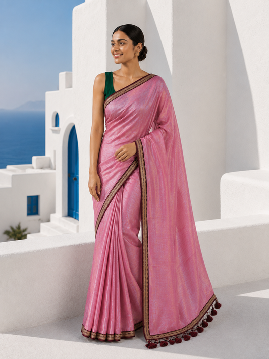Zari border dual tone pink tissue Cotton saree