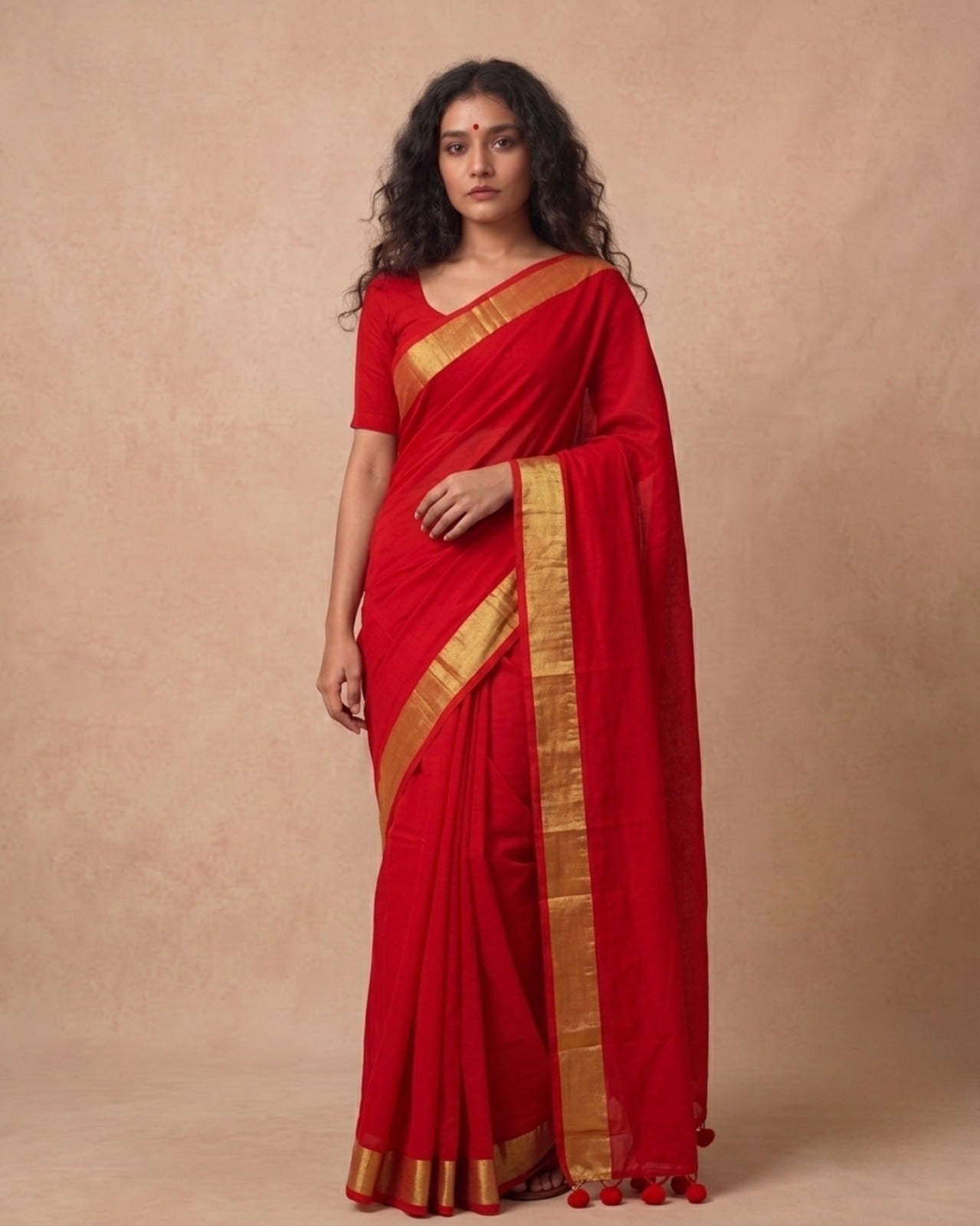 Vermillion red gold zari border mulmul saree