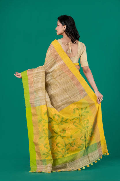 Green , yellow Ganga jamuna ghachi tussar saree