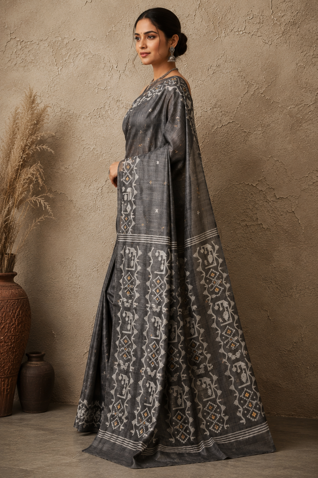 Dark grey tussar Jamdani saree