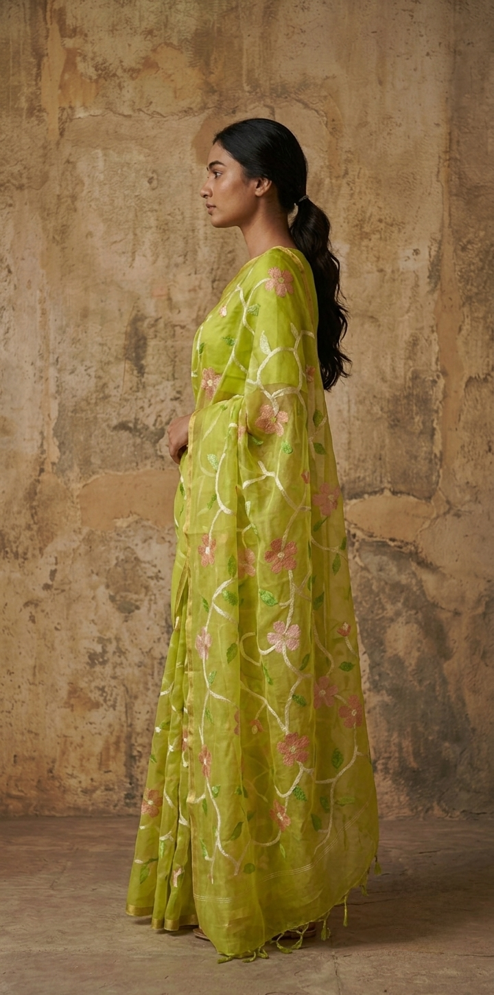 Lime green all over jamdani handwoven resham Silk saree