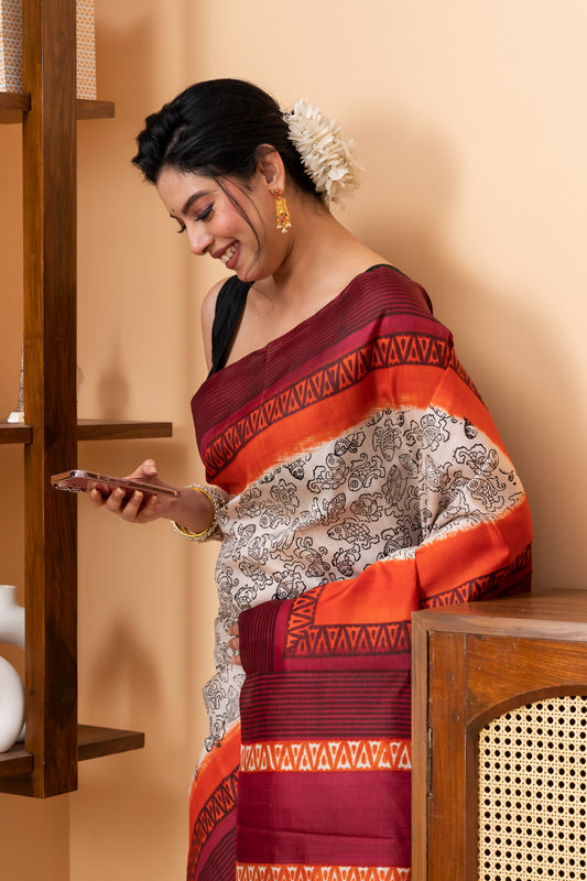 Red and orange border printed pure silk saree