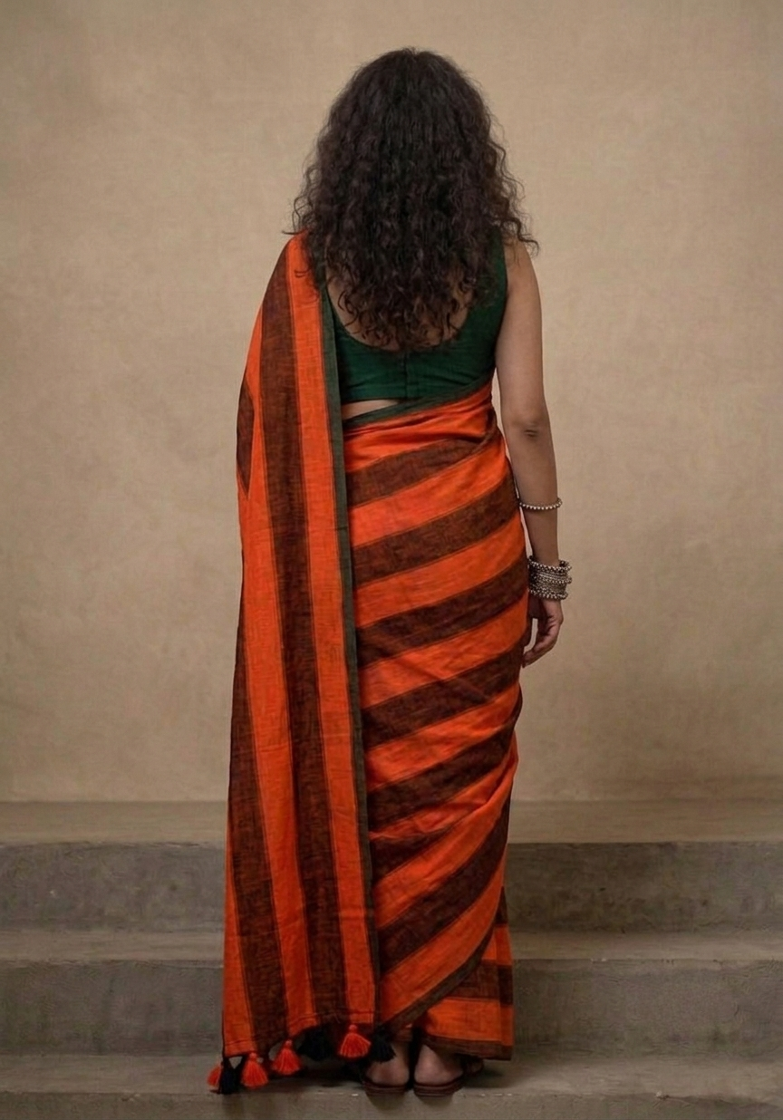 Orange n black striped mulmul cotton saree