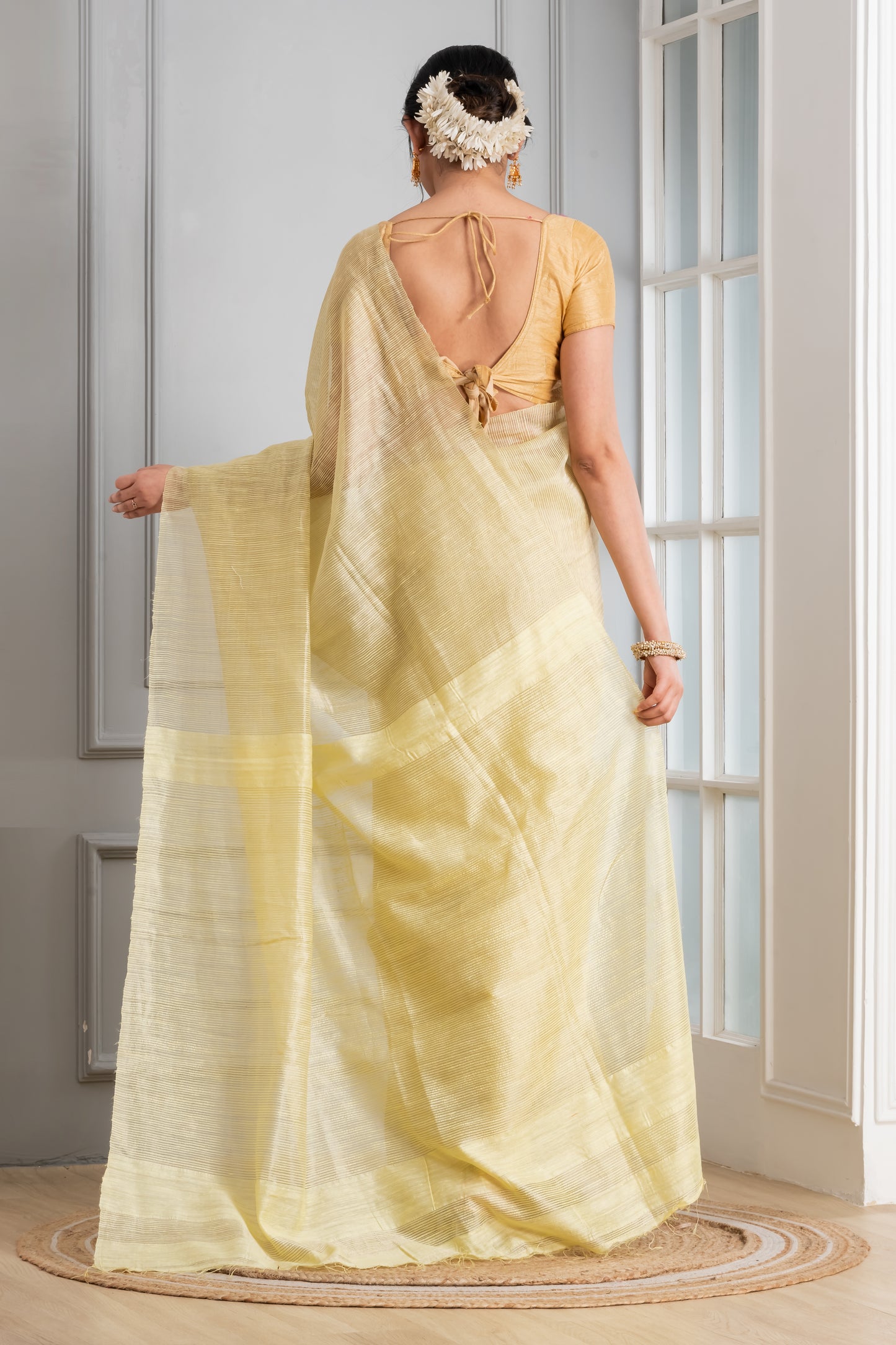 Lemon yellow Striped Matka silk saree
