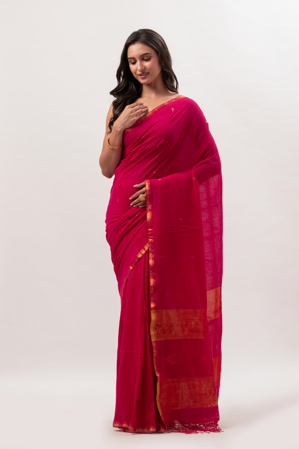 Rani Pink mul modal saree with Zari Pallu
