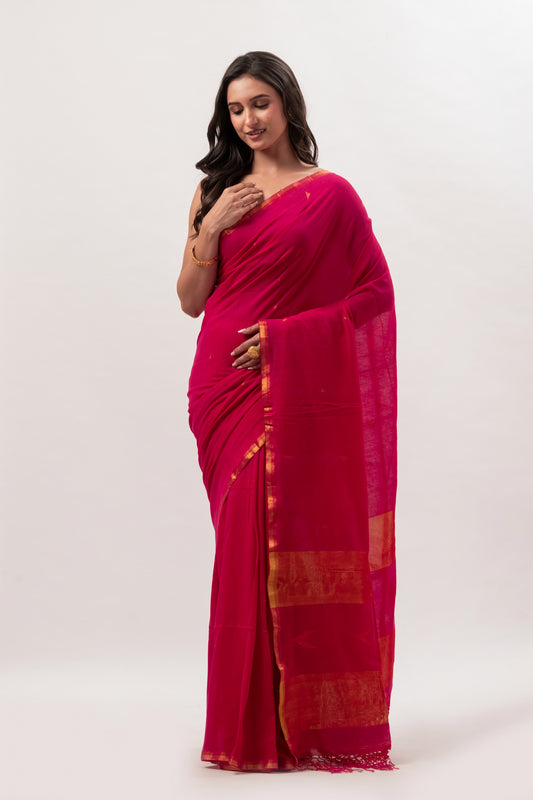 Rani Pink mul modal saree with Zari Pallu