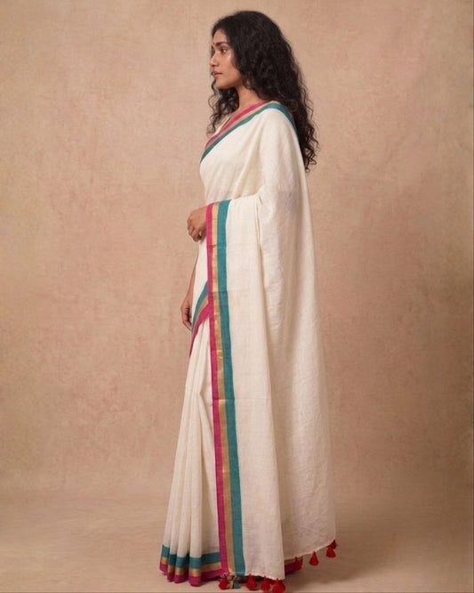 Off white triple solid border mulmul saree