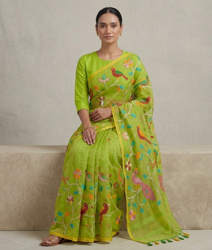 Parrot green all over jamdani resham silk saree