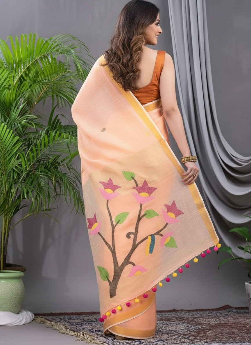 Peach Linen Silk Jamdani