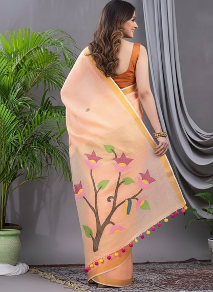 Peach Linen Silk Jamdani