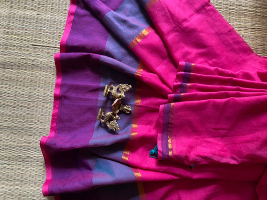 Deep pink broad border cotton saree