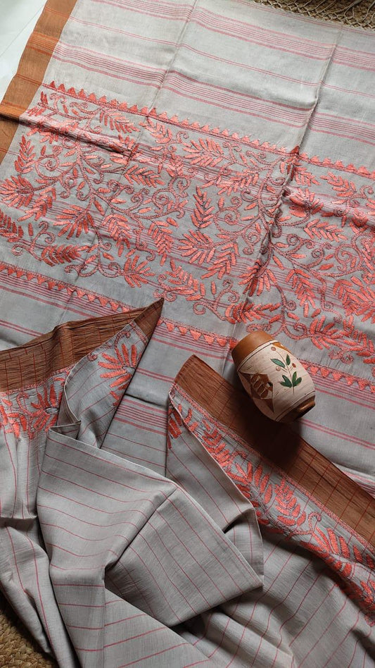Kantha stitched charkha khadi saree