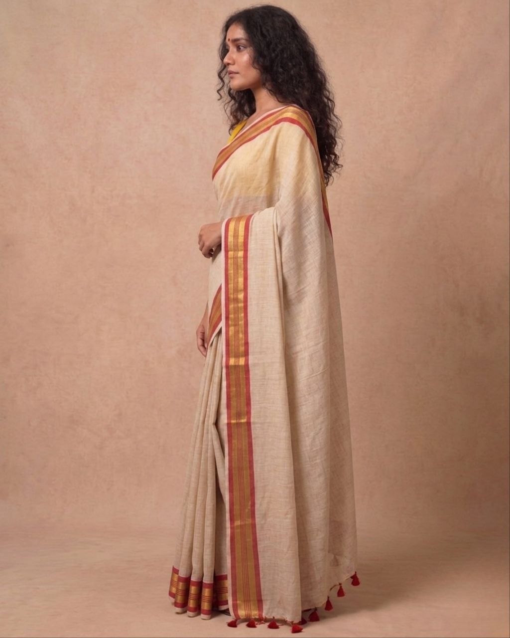 Off white red zari border mulmul saree