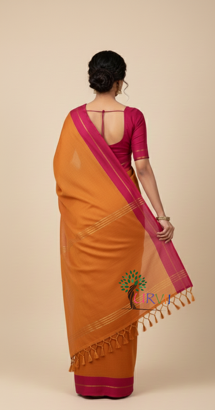 Orange mulmul cotton saree