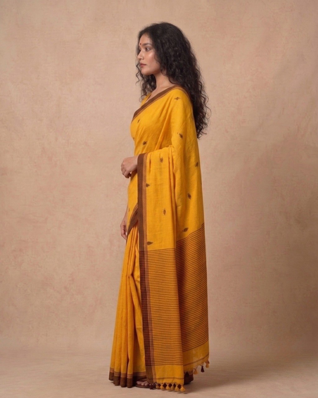 Mustard color handspun cotton saree with maroon bootis