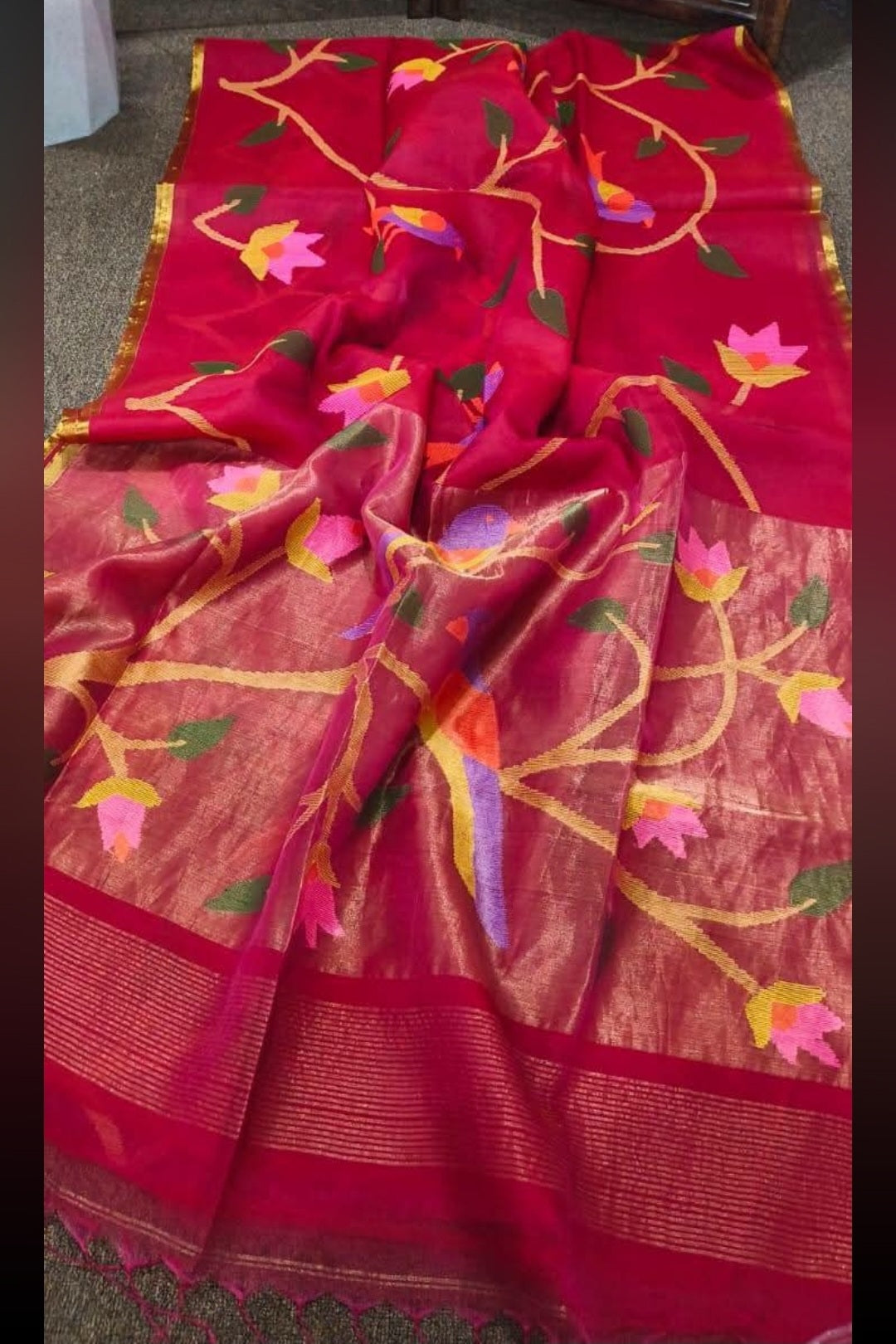 Vibrant red handspun white resham paithni silk saree