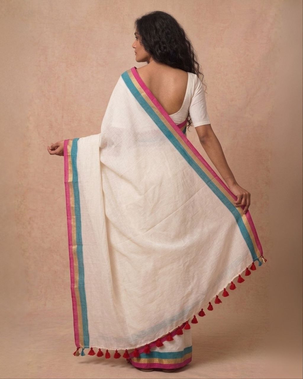 Off white triple solid border mulmul saree