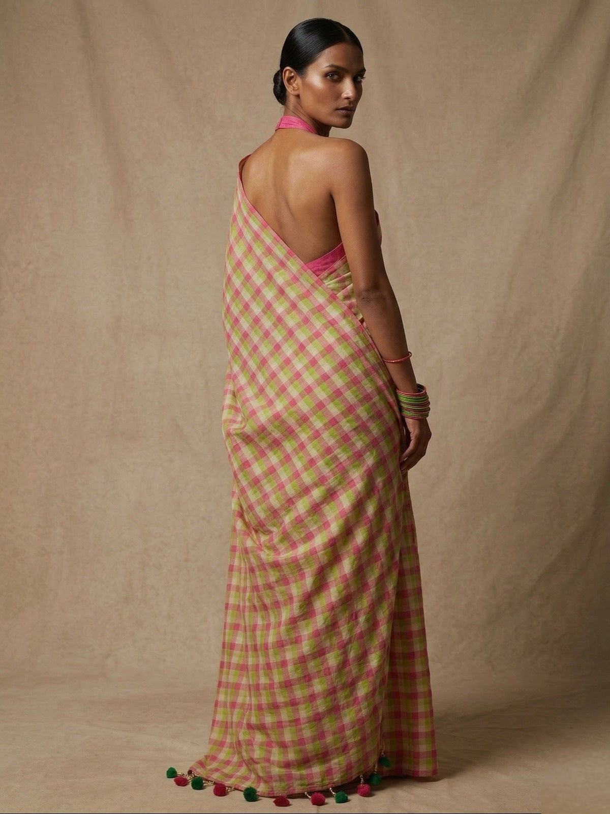 Multi colour check offwhite n pink  mulmul cotton saree