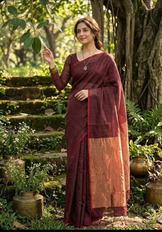 Maroon pure Linen Saree
