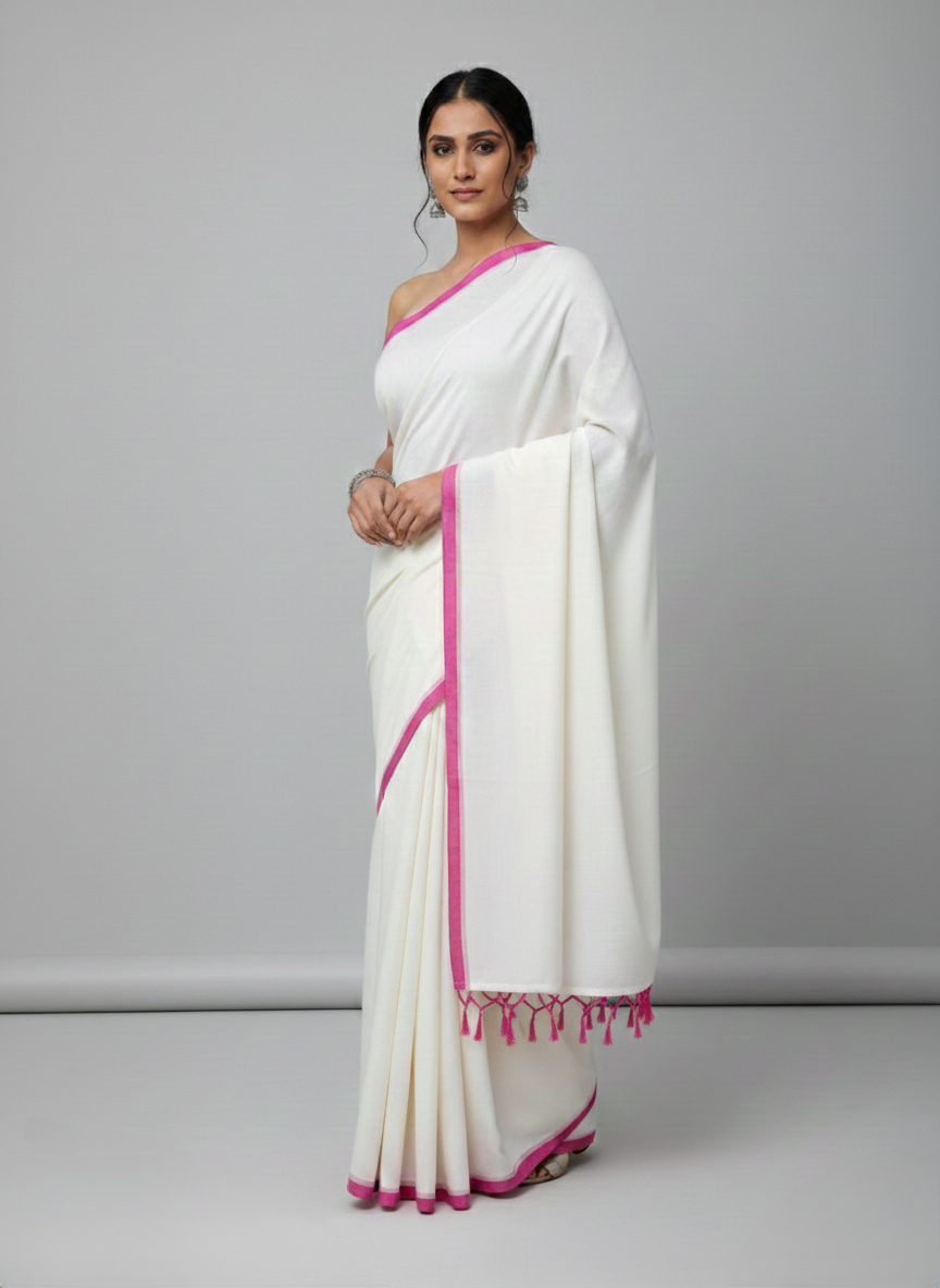 White mulmul cotton saree