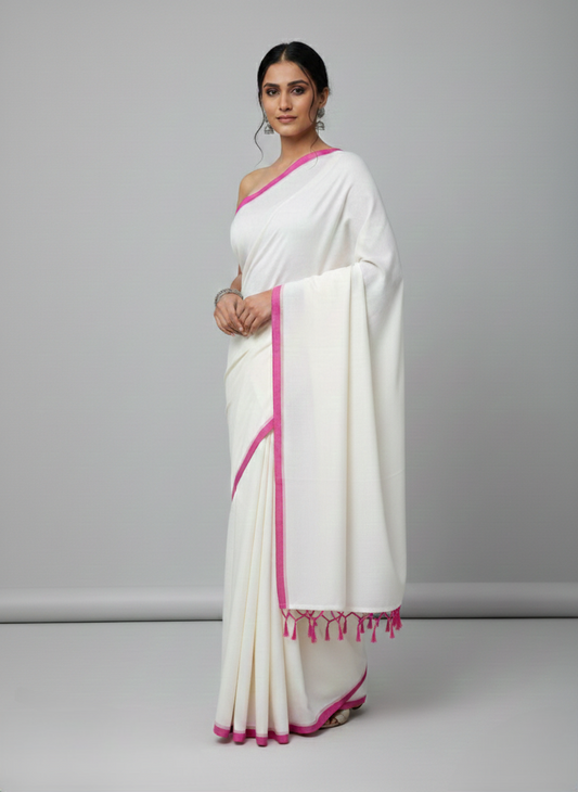 White mulmul cotton saree