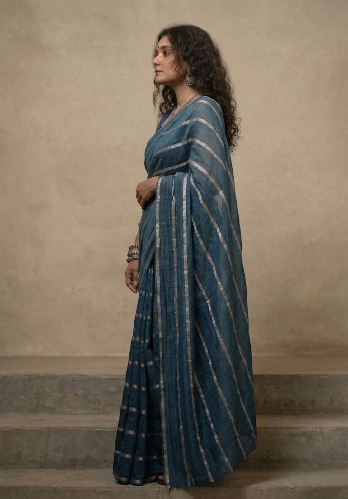 Indigo blue striped mulmul cotton saree
