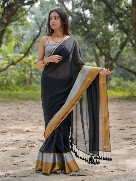 Black mulmul cotton saree