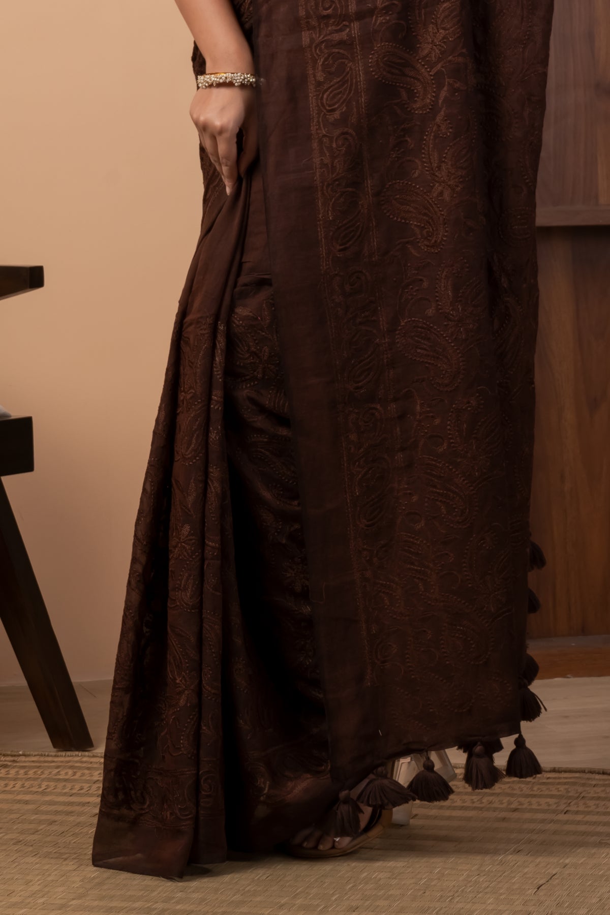 Rich Chocolate Brown Mul Cotton Saree with Tonal Chikankari Work
