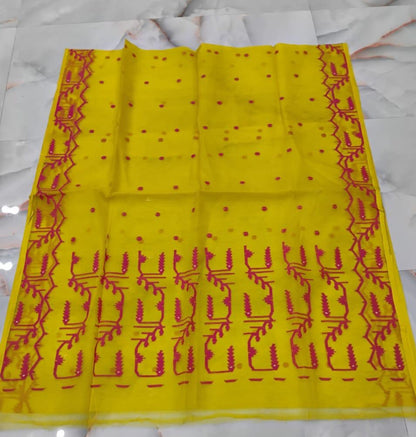 Yellow and red jamdani woven resham Silk