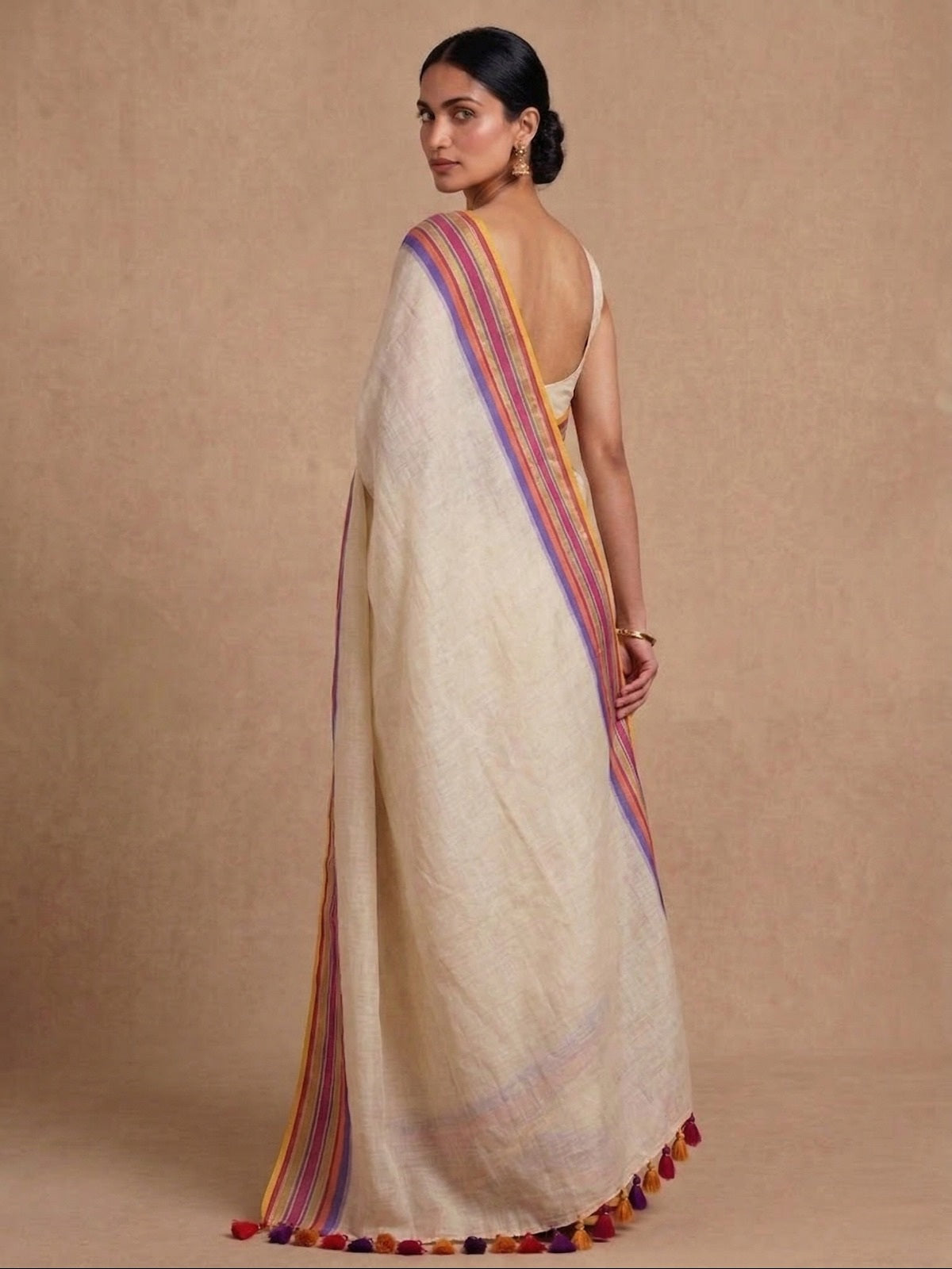 White mulmul cotton saree multi border