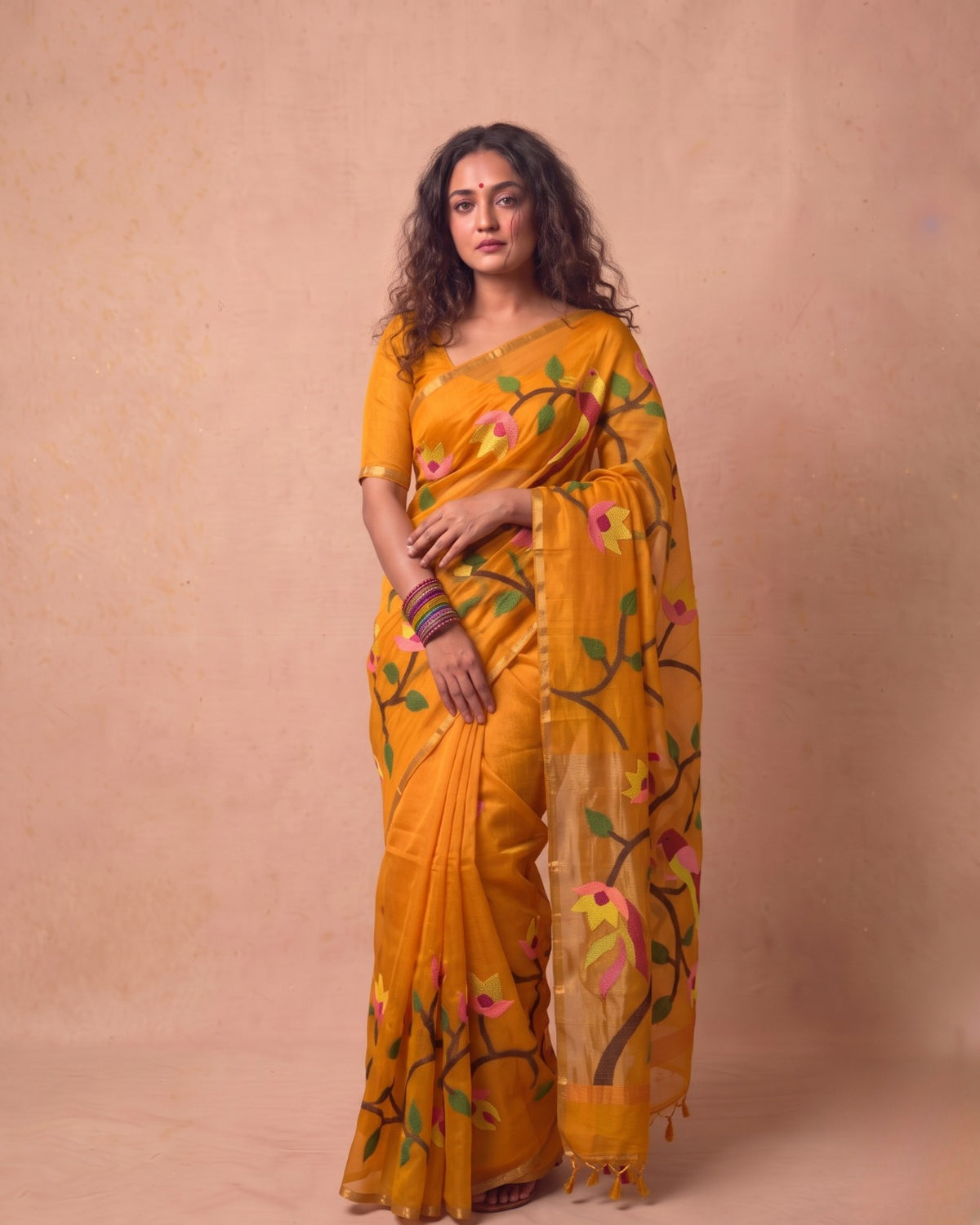 Pure Resham Handwoven needle jamdani Saree in deep mustard