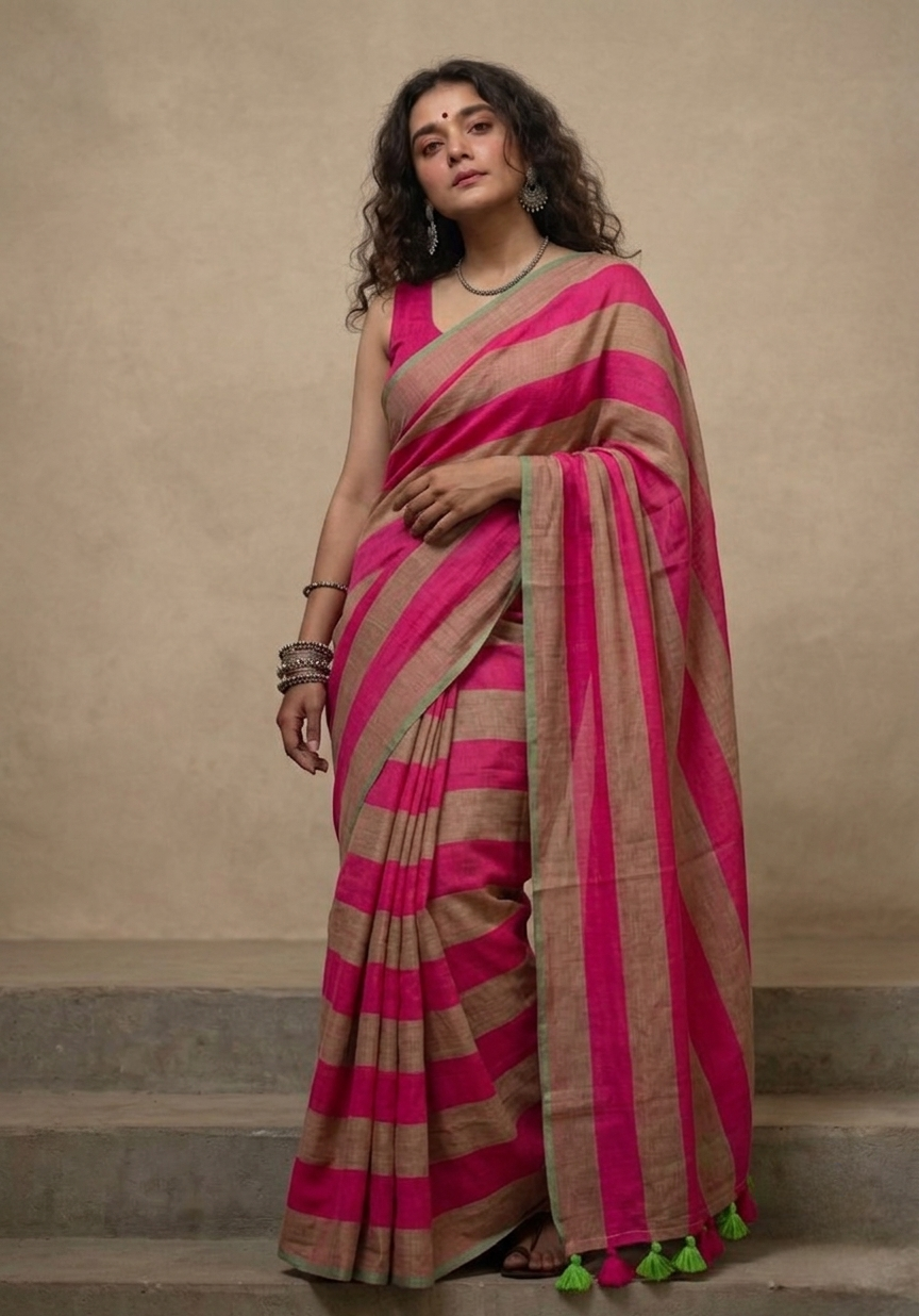 Dark pink n brown striped mulmul cotton saree