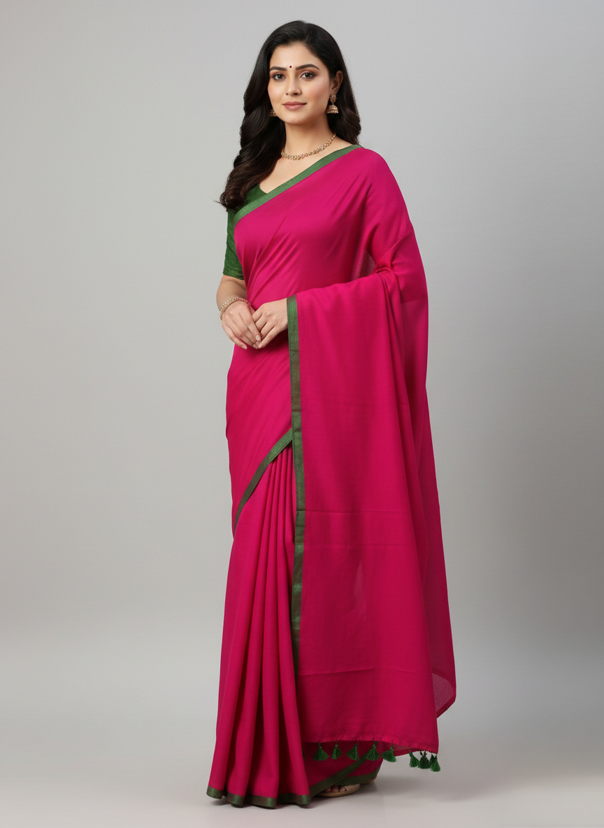 Dark pink mulmul cotton saree
