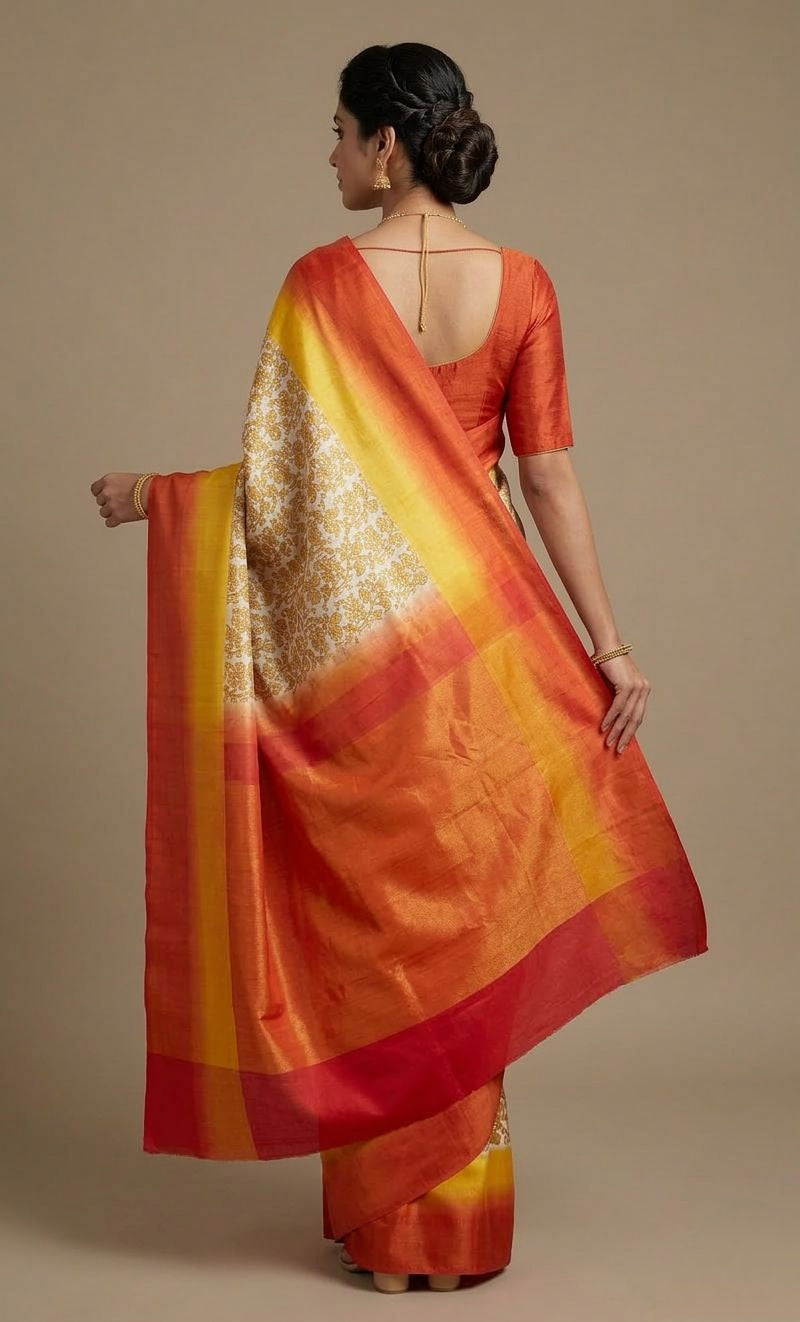 Orange yellow pure silk saree