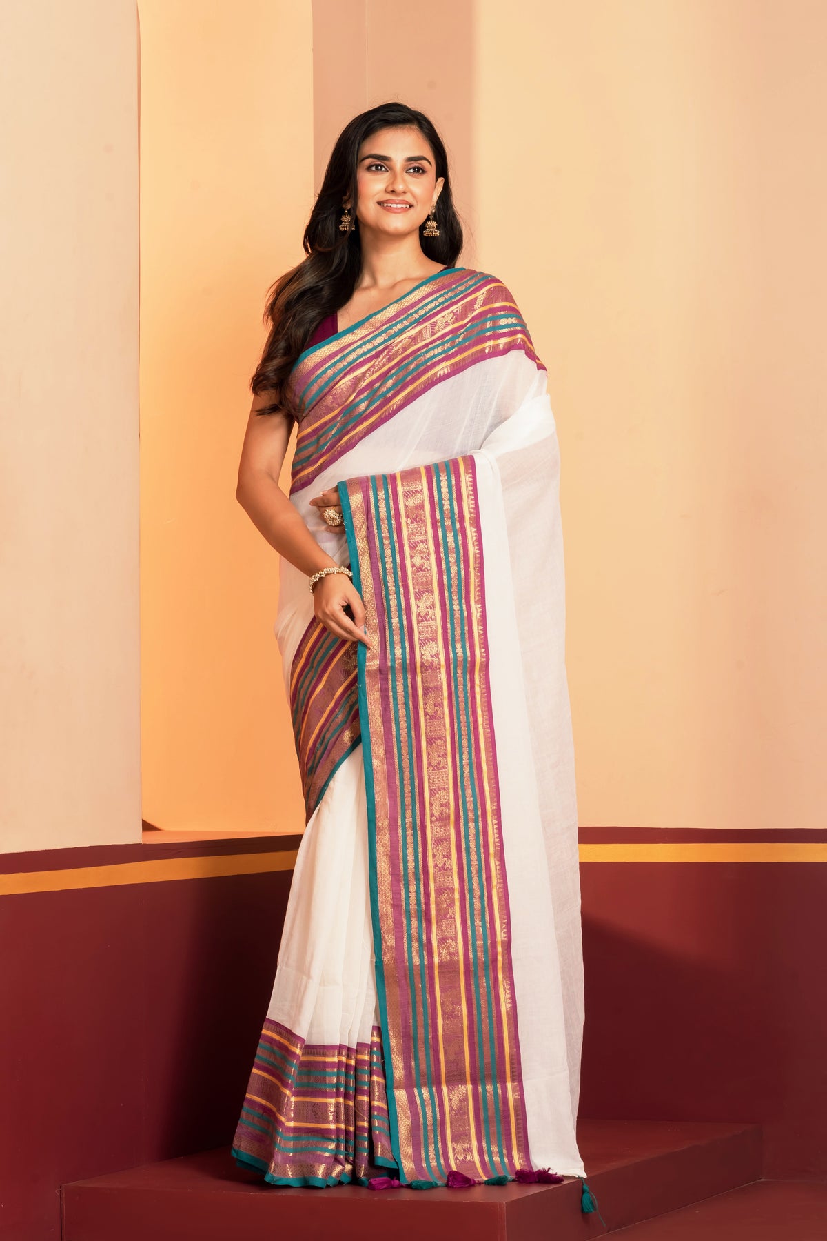 Teal blue kanchi border beige mulmul cotton saree