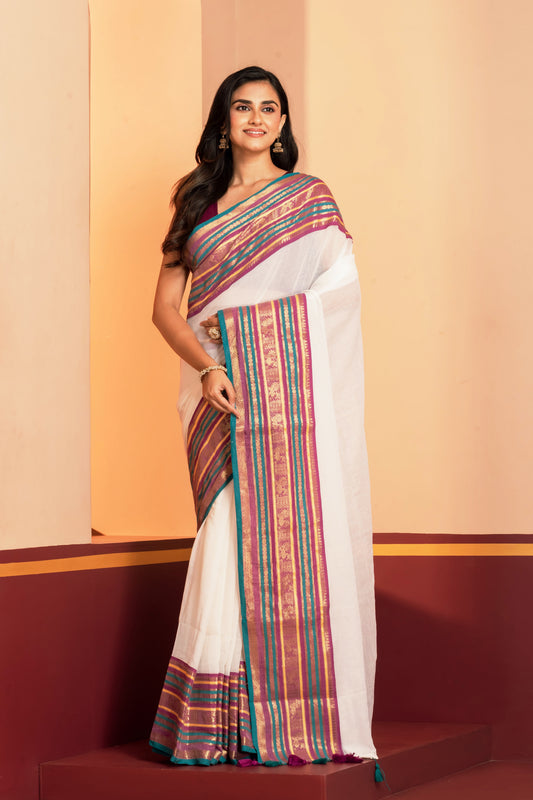 Teal blue kanchi border beige mulmul cotton saree