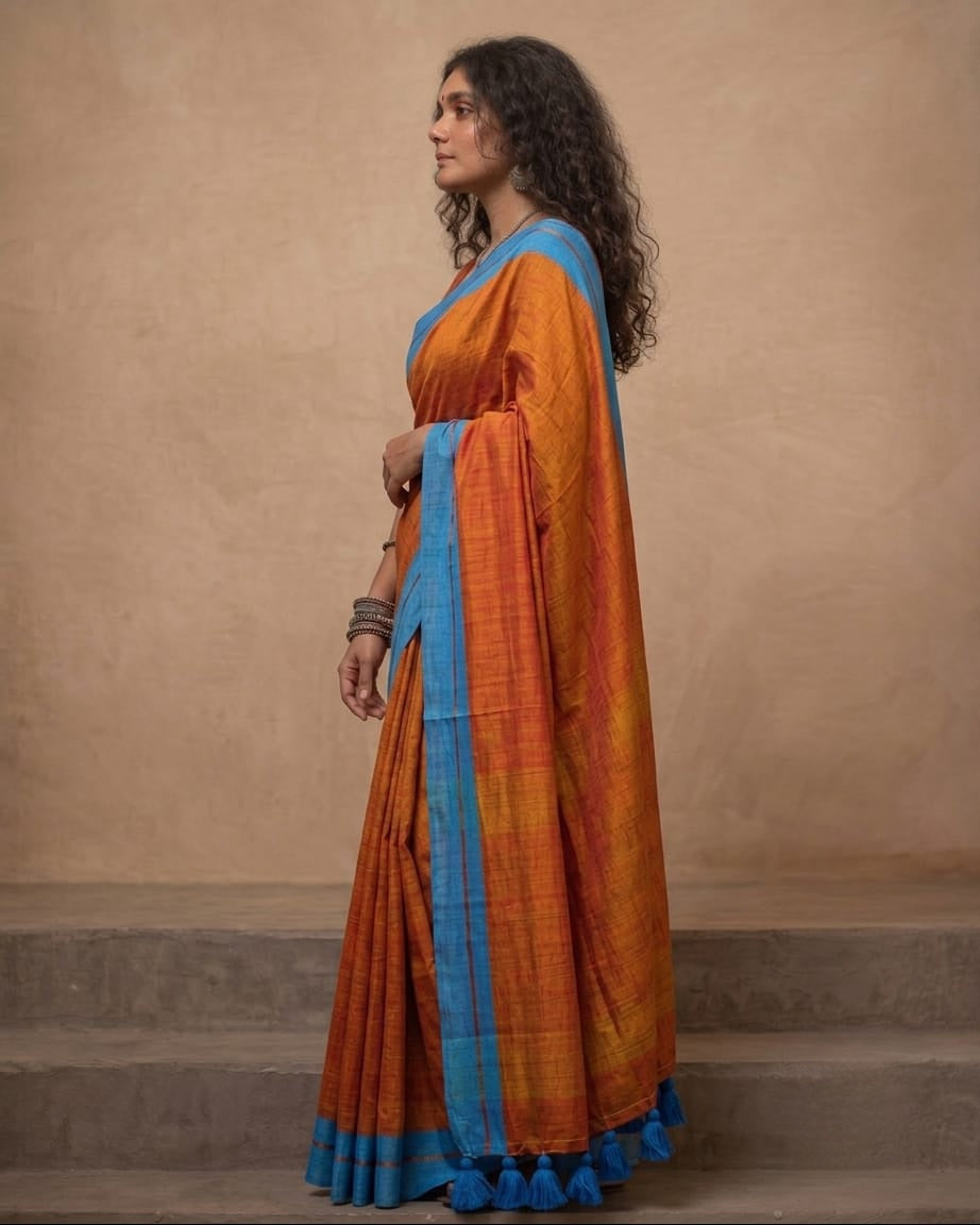 Orange mul cotton saree with blue border