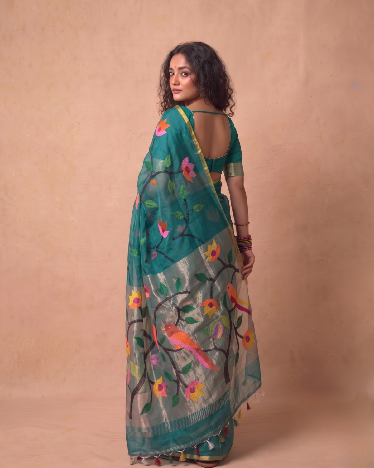 Pure Resham Handwoven needle jamdani Saree in rama green