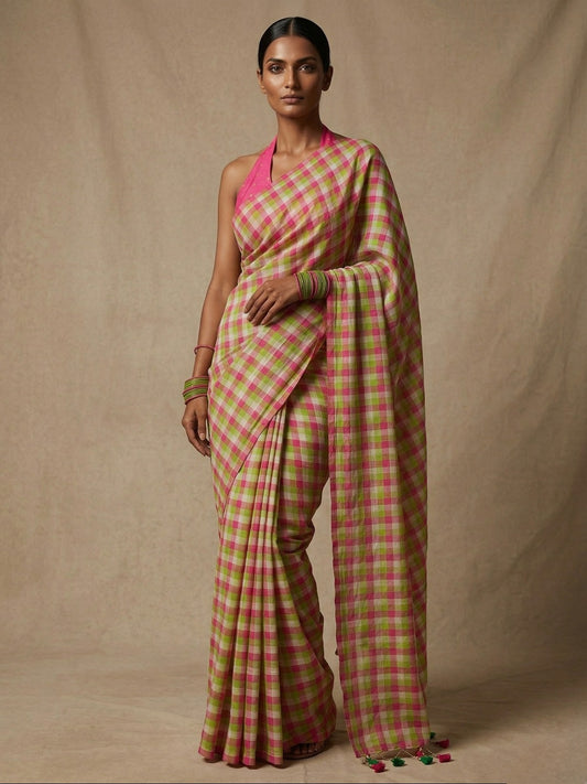 Multi colour check offwhite n pink  mulmul cotton saree