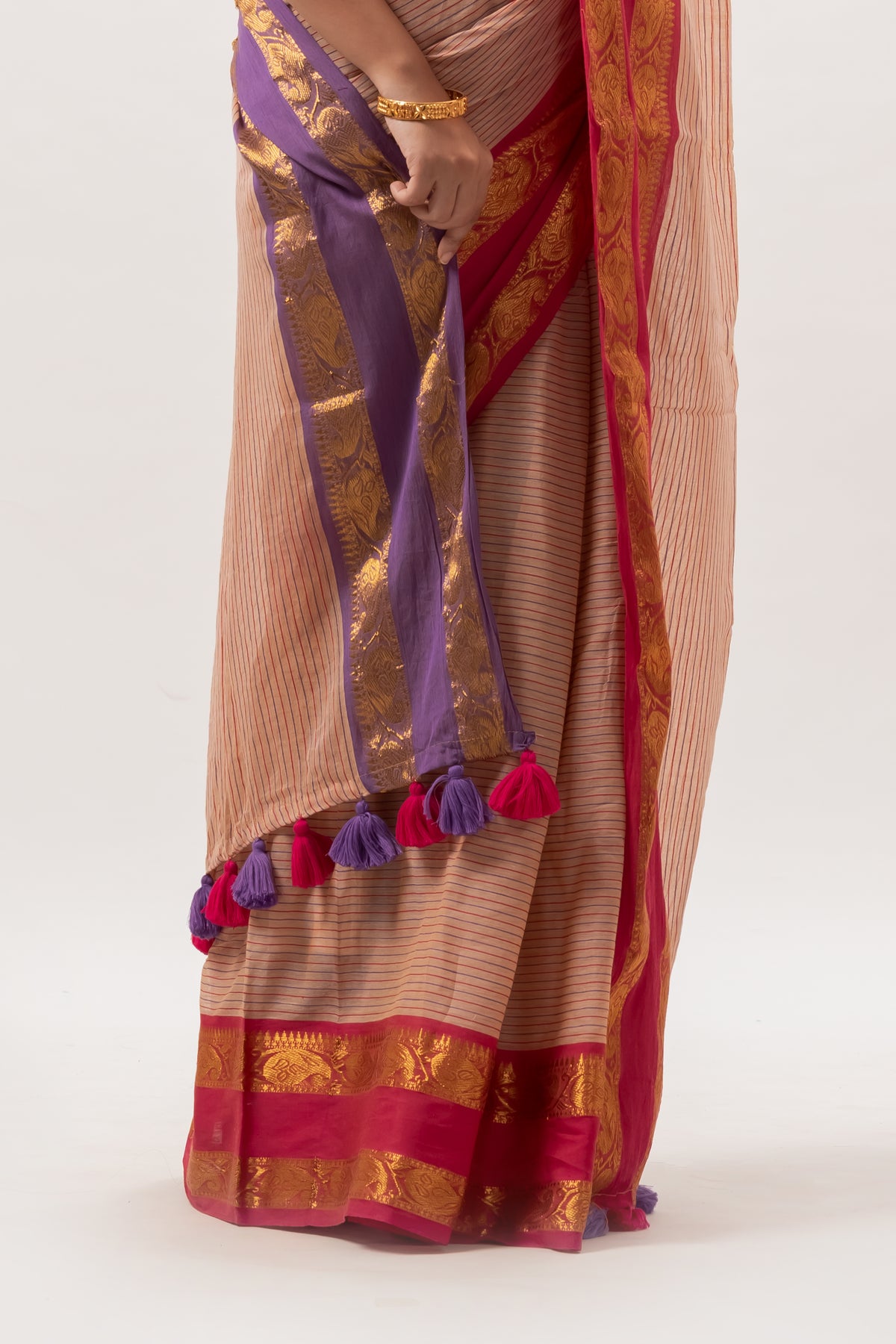 Beige Striped Mul Cotton Saree with Ganga Jamuna Border