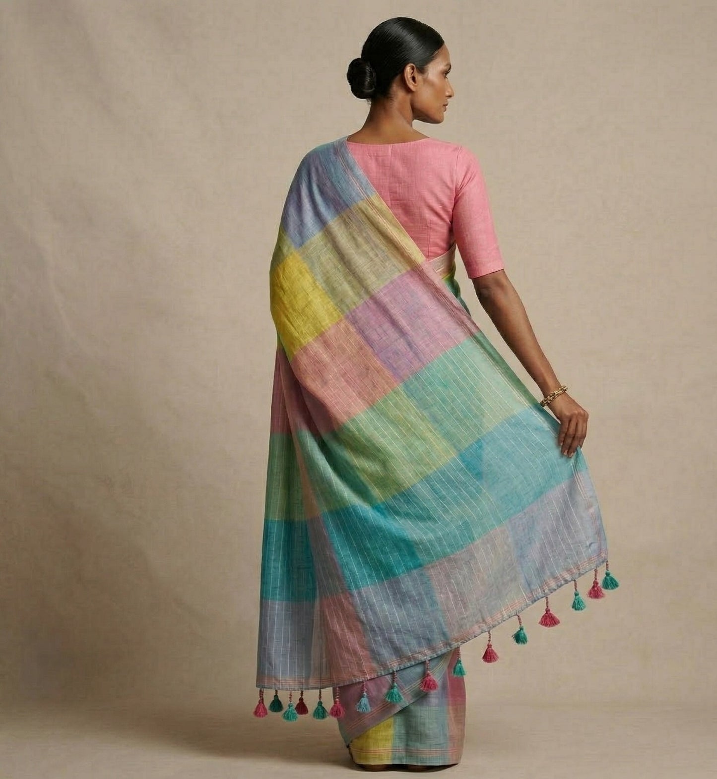 Multi colour check mulmul cotton saree