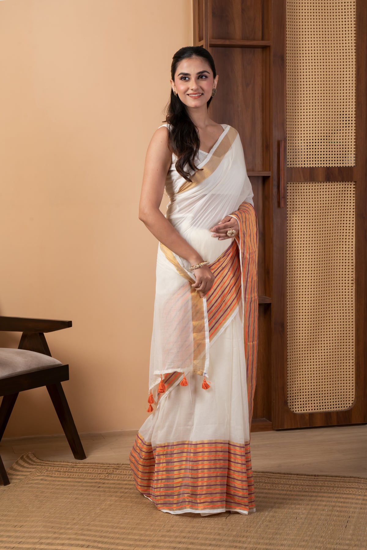 Ivory White Saree with Contrast Orange Golden striped Zari Border
